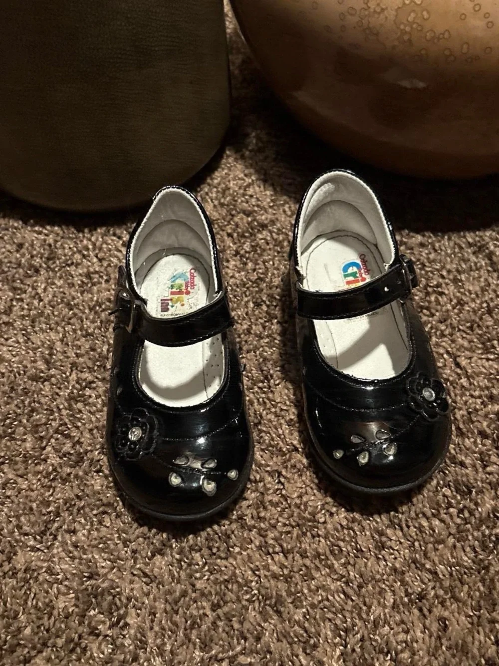 Girls Black Mary Jane Dress Shoes with Flower Accents